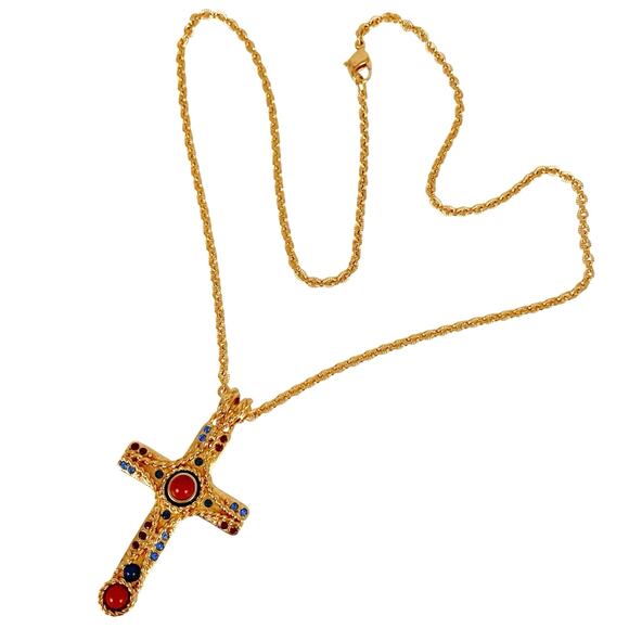 Signed JBK Camrose & Kross 18K Plated Byzantine Jasper Gemstone Cross Necklace - Picture 3 of 15